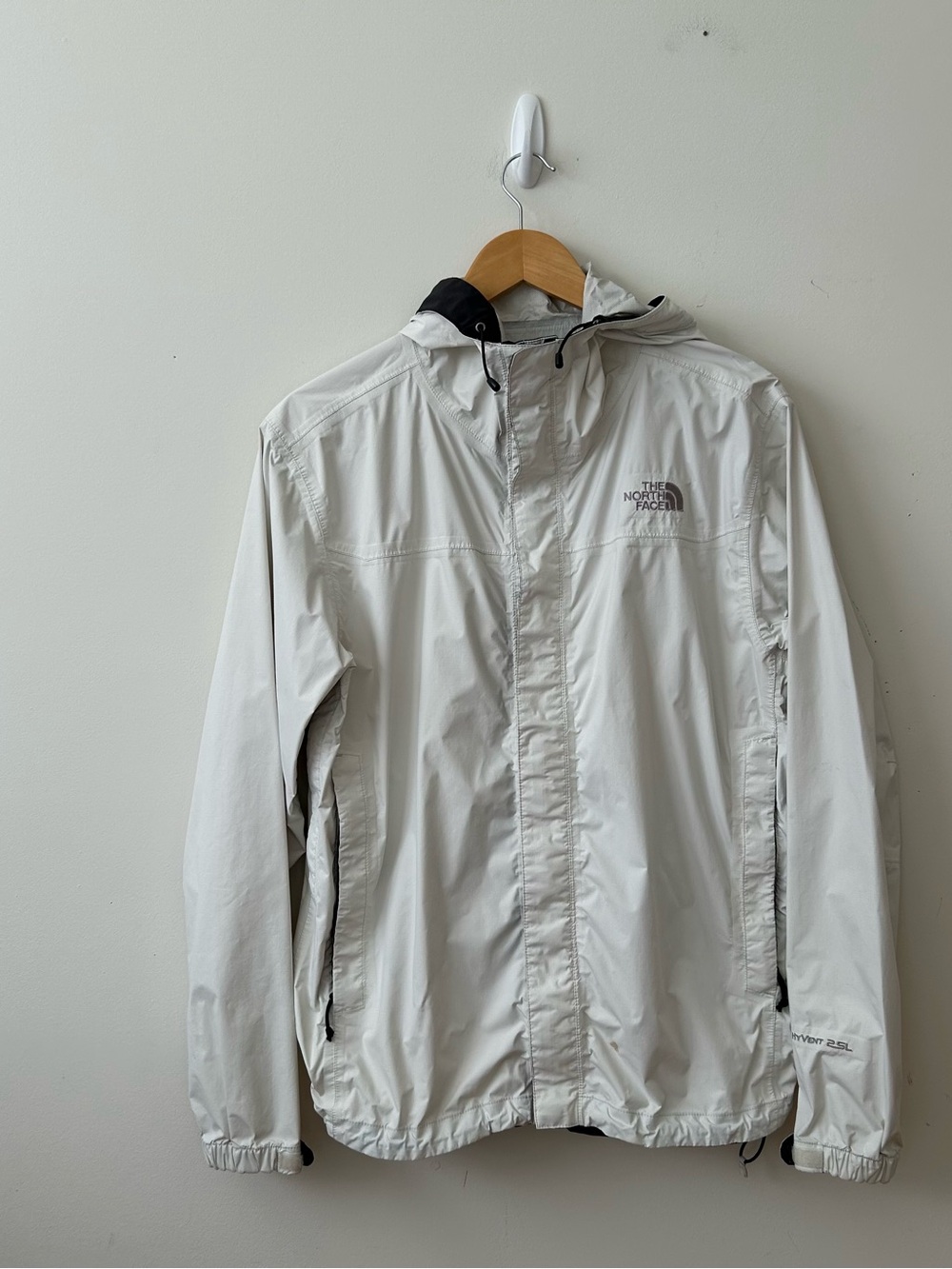The North Face Mens White Hooded Full Zip Rain Coat Jacket Pockets HyVent M